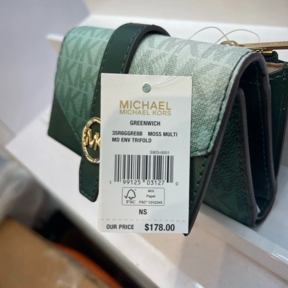 MICHAEL KORS Greenwich Medium Ombré Signature Logo Tri-Fold Wallet Moss Multi NW